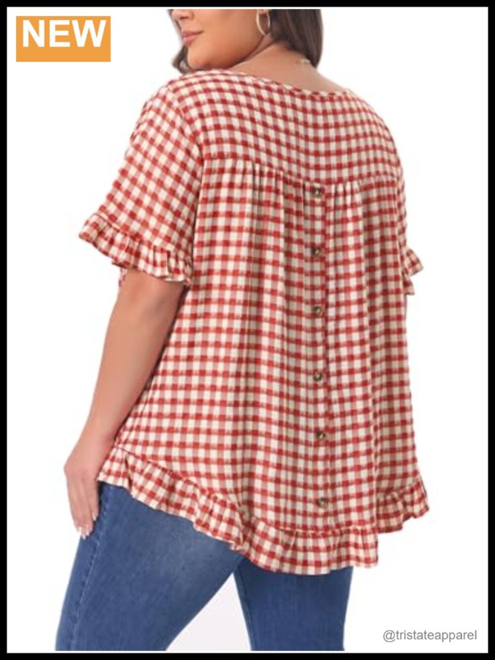 Plus Size 1950s VTG Gingham Plaid Ruffle Sleeve Blouse
